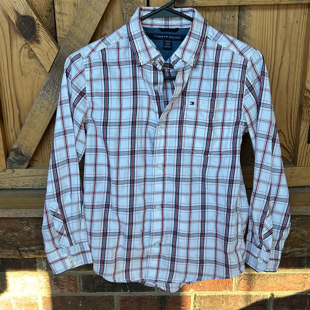 Boys Tommy Hilfiger white with and red and blue plaid button up shirt.